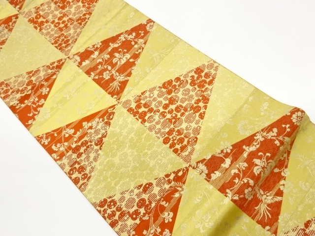 JAPANESE KIMONO / NAGOYA OBI / SILK / KINSAI / GINSAI / FLORAL ARABESQUE & TRIANGLE & DOTS